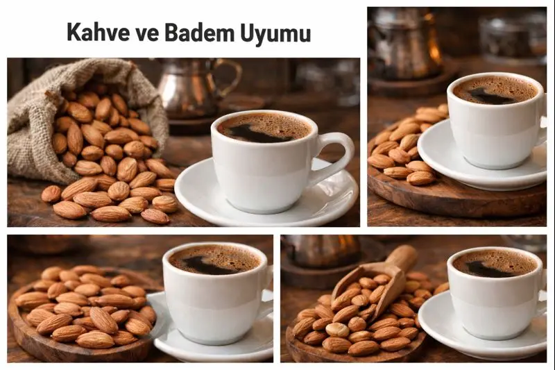 Türk kahvesi yanında badem ve kuruyemiş sunumu