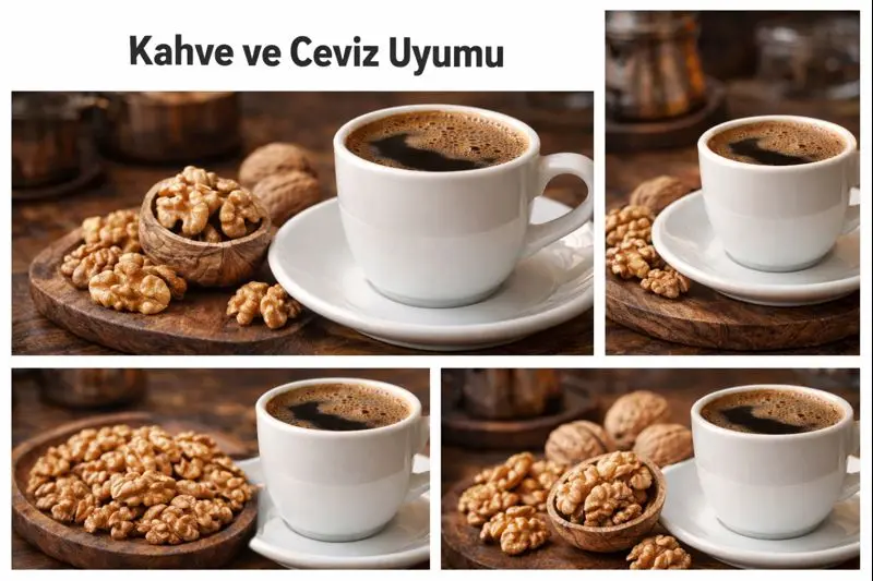Kahve yanında ceviz ve farklı kuruyemişlerin sunumu