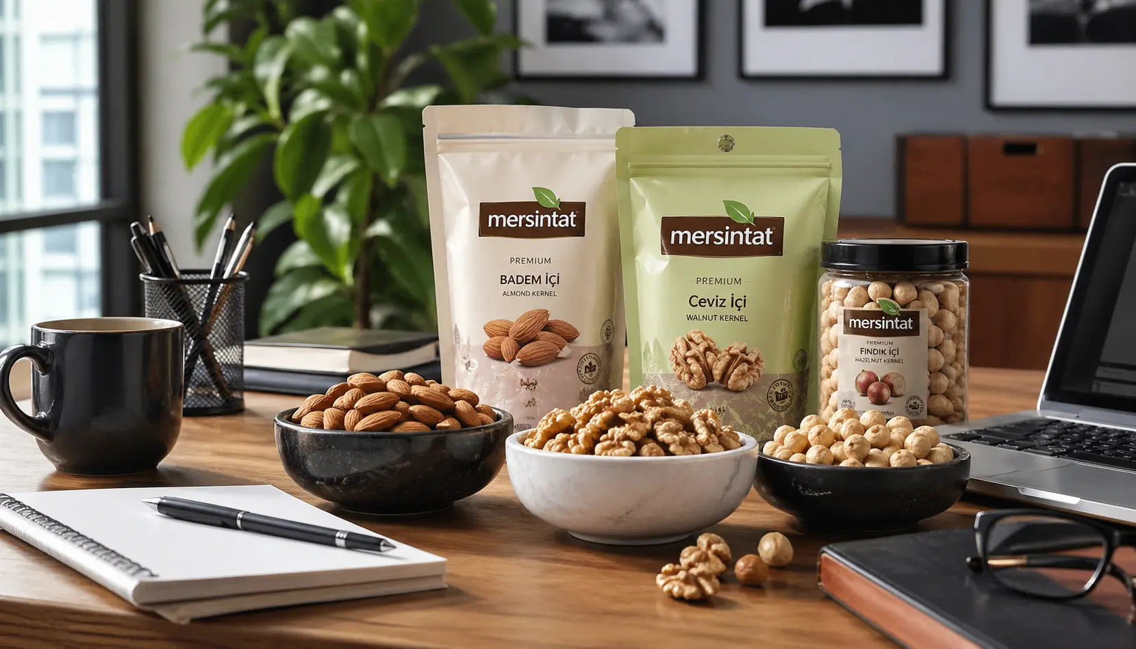 Mersintat paketli kuruyemiş ürünleri ile sağlıklı tüketim temalı hero sahnesi
