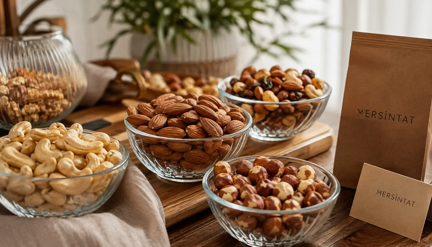 MersinTat premium kuruyemiş ürünlerinin doğal ışıkta sunumu
