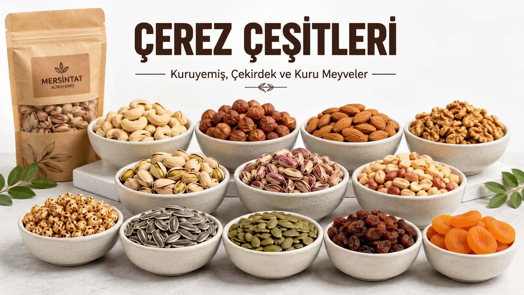 Farklı çerez çeşitleri, kuruyemişler, çekirdekler ve kuru meyveler