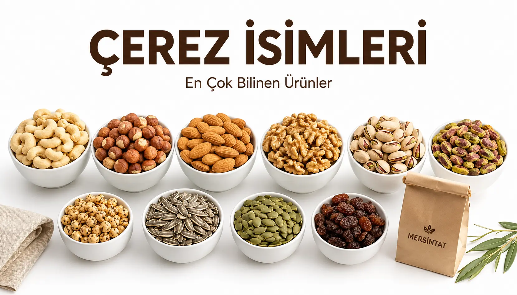 Kaju, fındık, badem, ceviz, fıstık, leblebi ve çekirdek çeşitleri