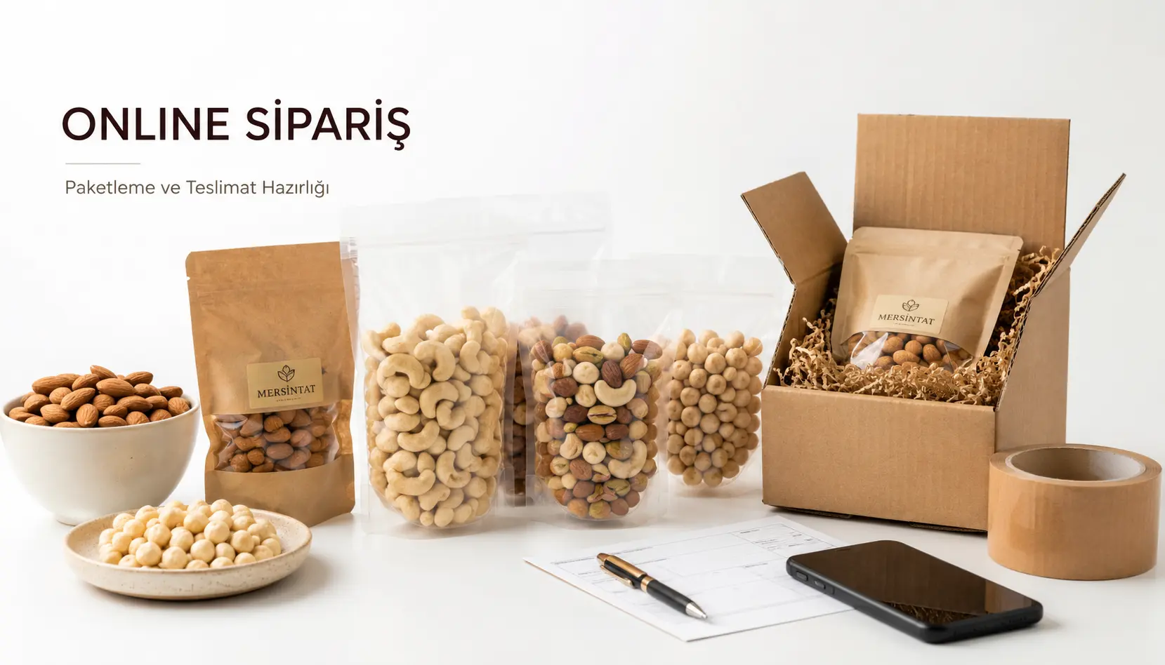 Online sipariş için hazırlanan doğal kuruyemiş paketleri