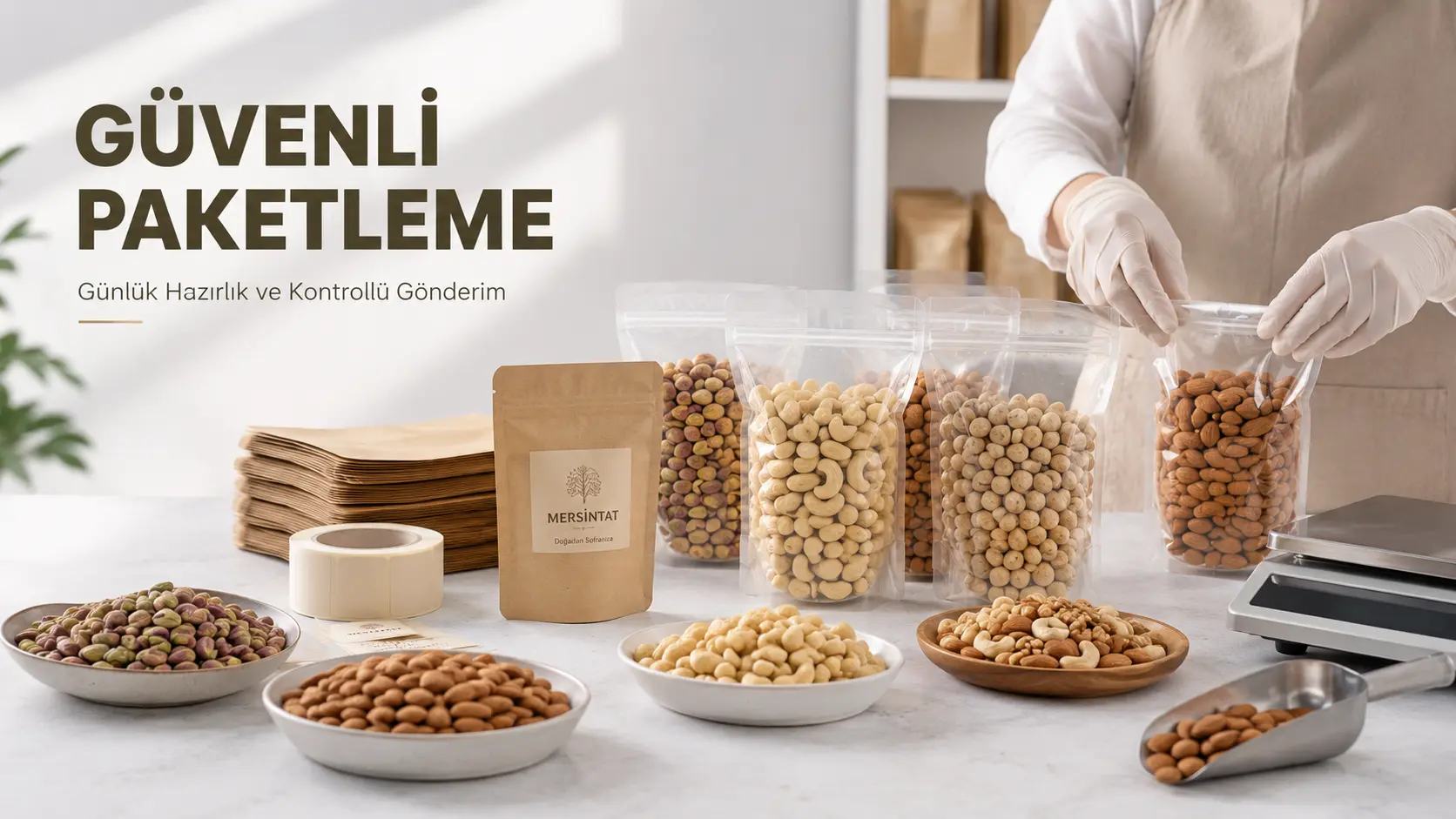 Günlük hazırlanan doğal kuruyemiş paketlerinin güvenli paketleme süreci