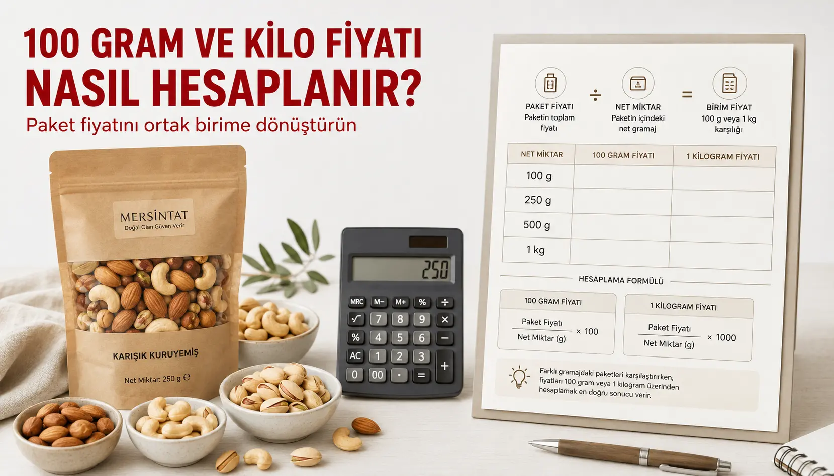 Kuruyemiş paketinde 100 gram ve kilogram eşdeğer fiyat hesaplama