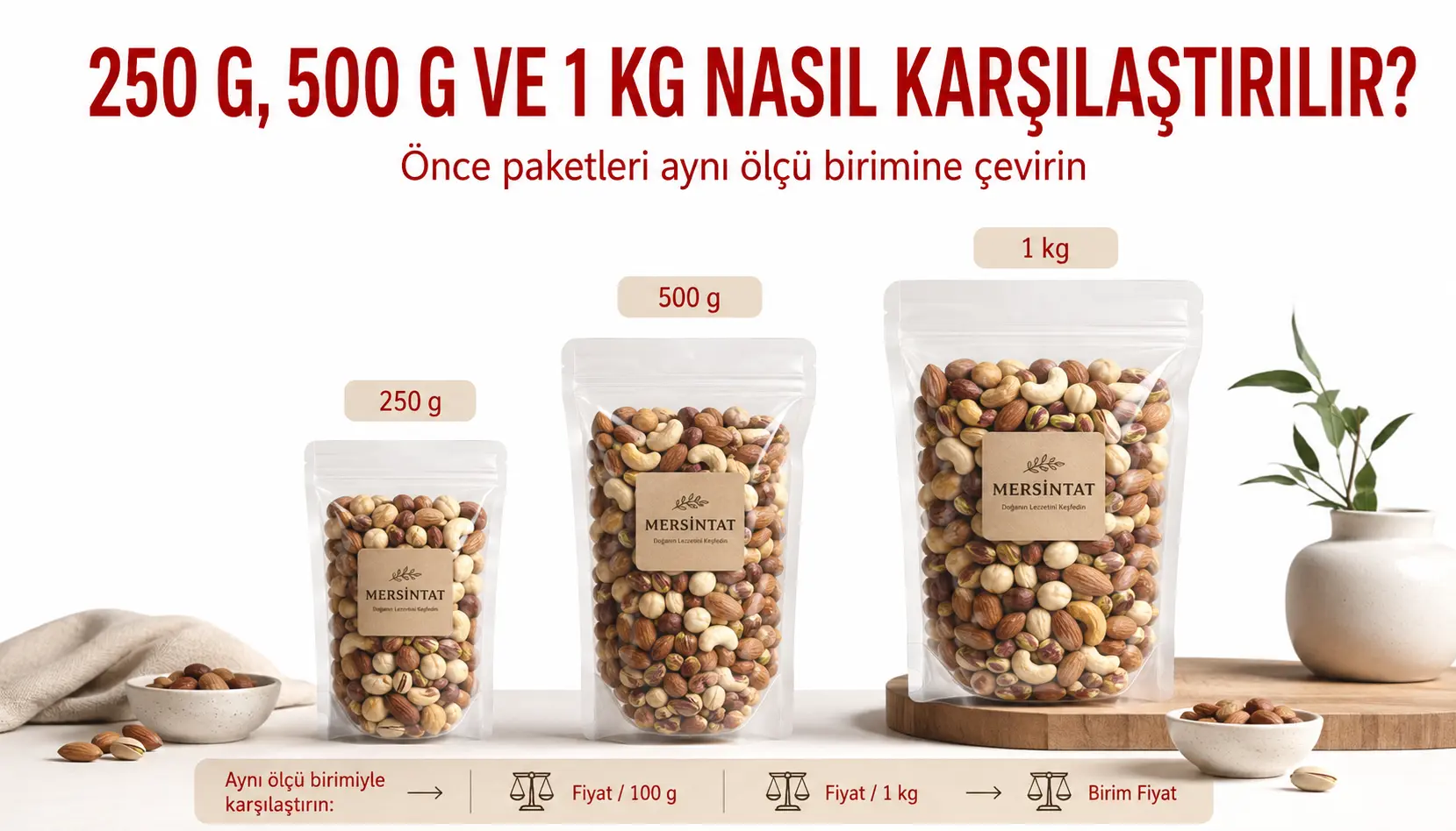 250 gram, 500 gram ve 1 kilogram kuruyemiş paketlerinin gramaj karşılaştırması