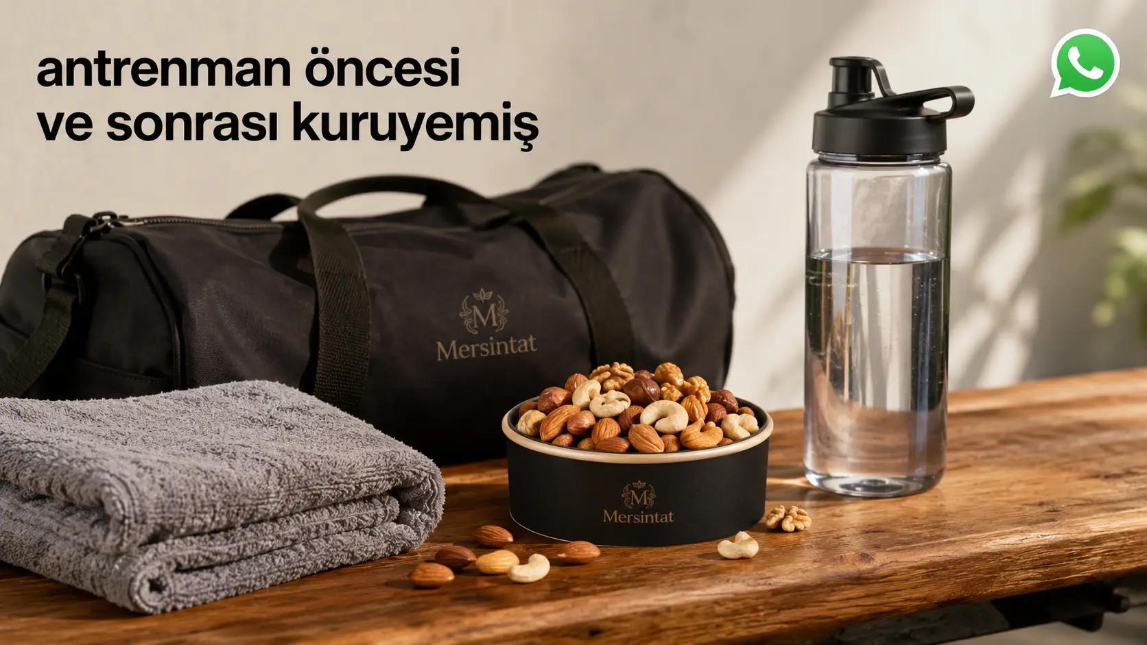 Antrenman öncesi ve sonrası kuruyemiş kullanımını anlatan spor çantası ve atıştırmalık görseli