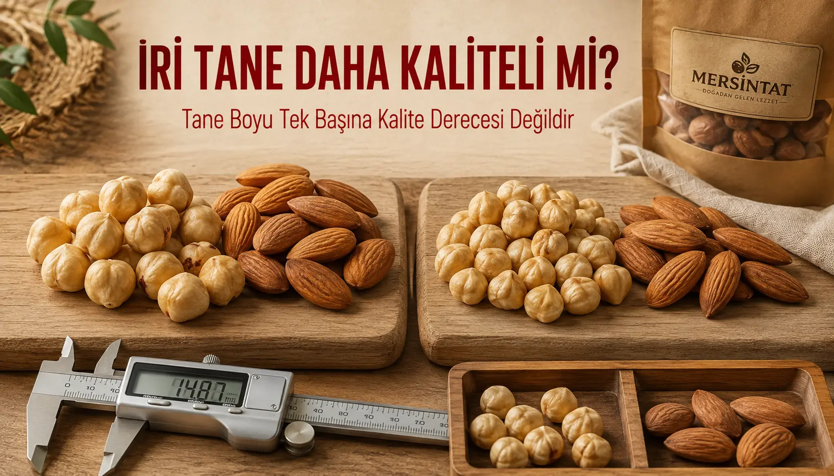 İri ve daha küçük kuruyemiş tanelerinin kalite iddiası olmadan yan yana karşılaştırılması