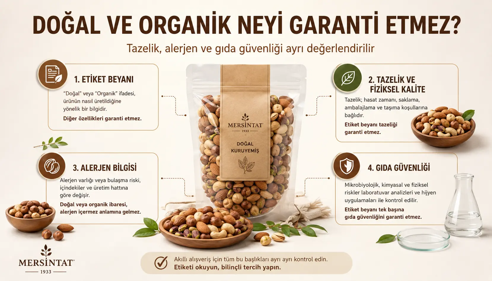 Doğal ve organik ifadelerinin tazelik, alerjen ve gıda güvenliği garantisi olmadığını anlatan görsel