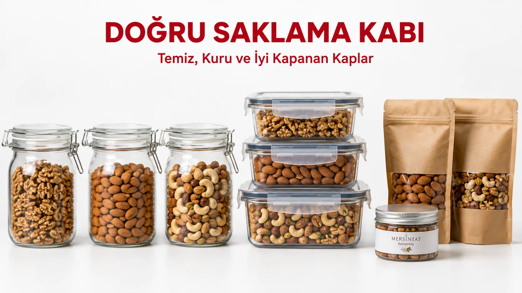 Kuruyemiş saklamak için uygun kapları gösteren görsel