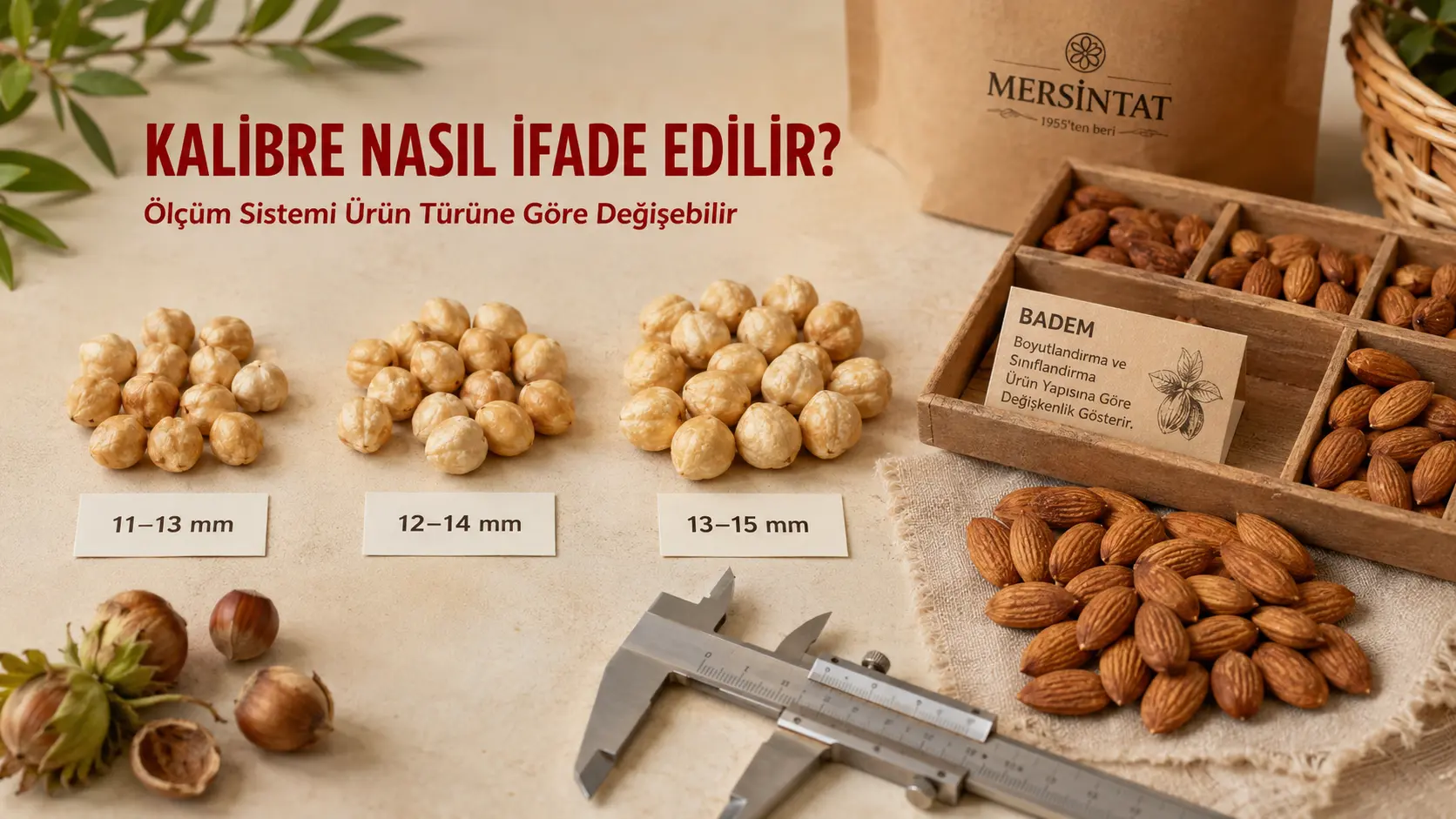 Fındık ve badem tanelerinin farklı boy sınıflarıyla karşılaştırıldığı kalibre görseli