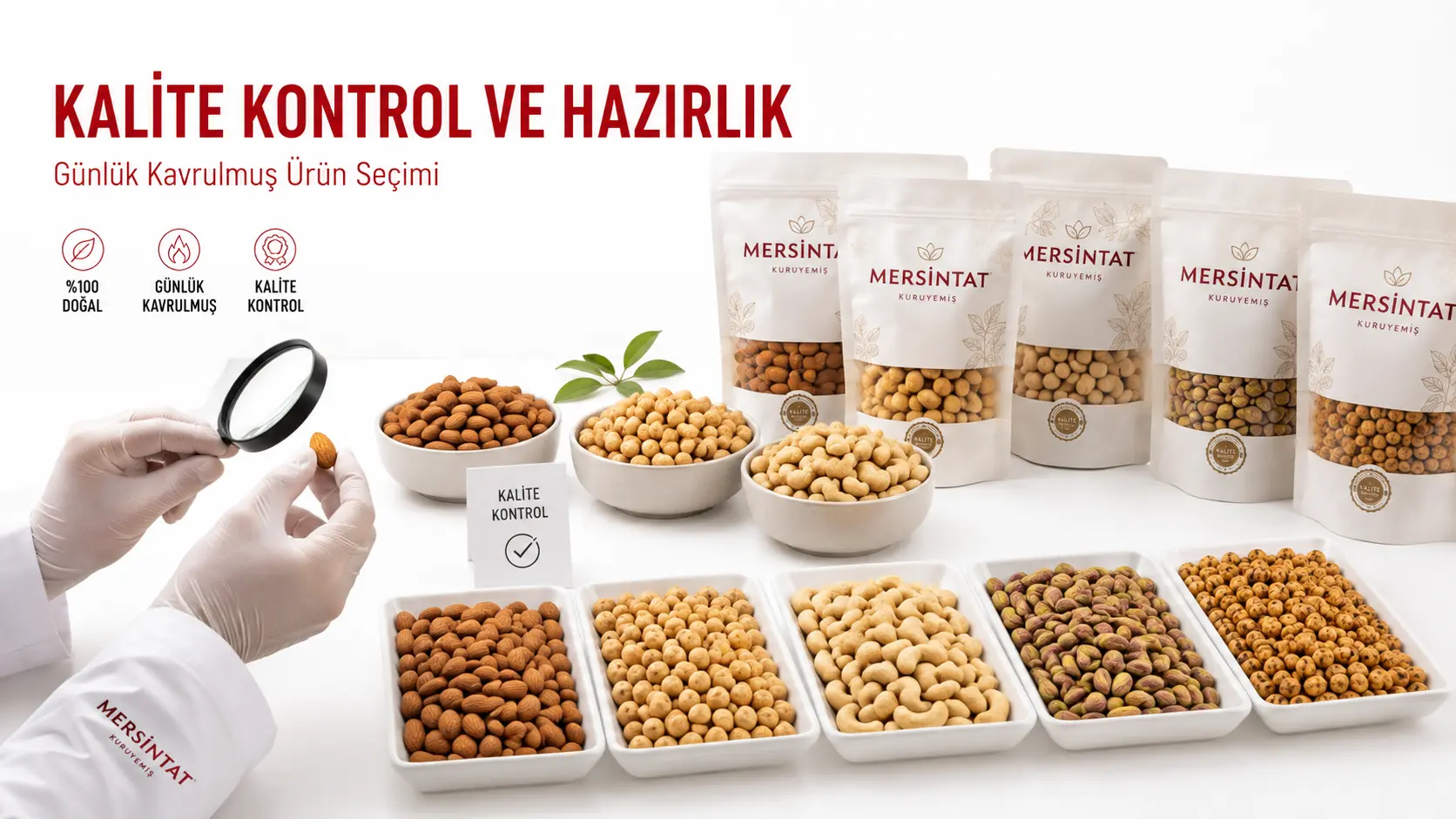 Günlük kavrulmuş kuruyemişlerde ürün kontrolü ve hazırlığı gösteren MersinTat görseli