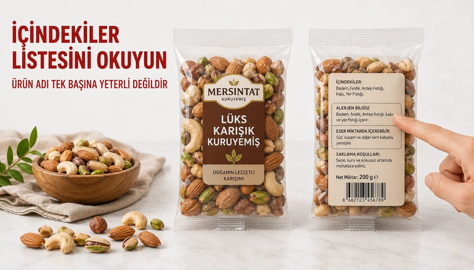 Kuruyemiş paketinin ön ve arka yüzündeki ürün bilgileri ile içindekiler listesinin karşılaştırılması
