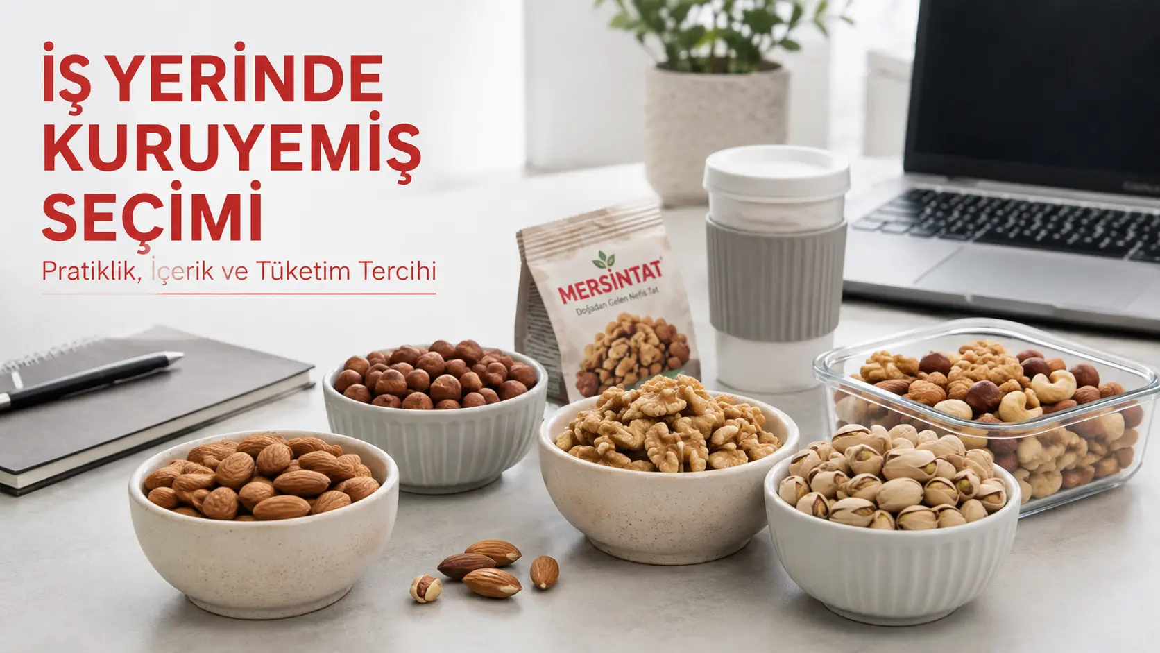 İş yerinde pratik tüketim için farklı kuruyemiş seçeneklerini gösteren MersinTat görseli