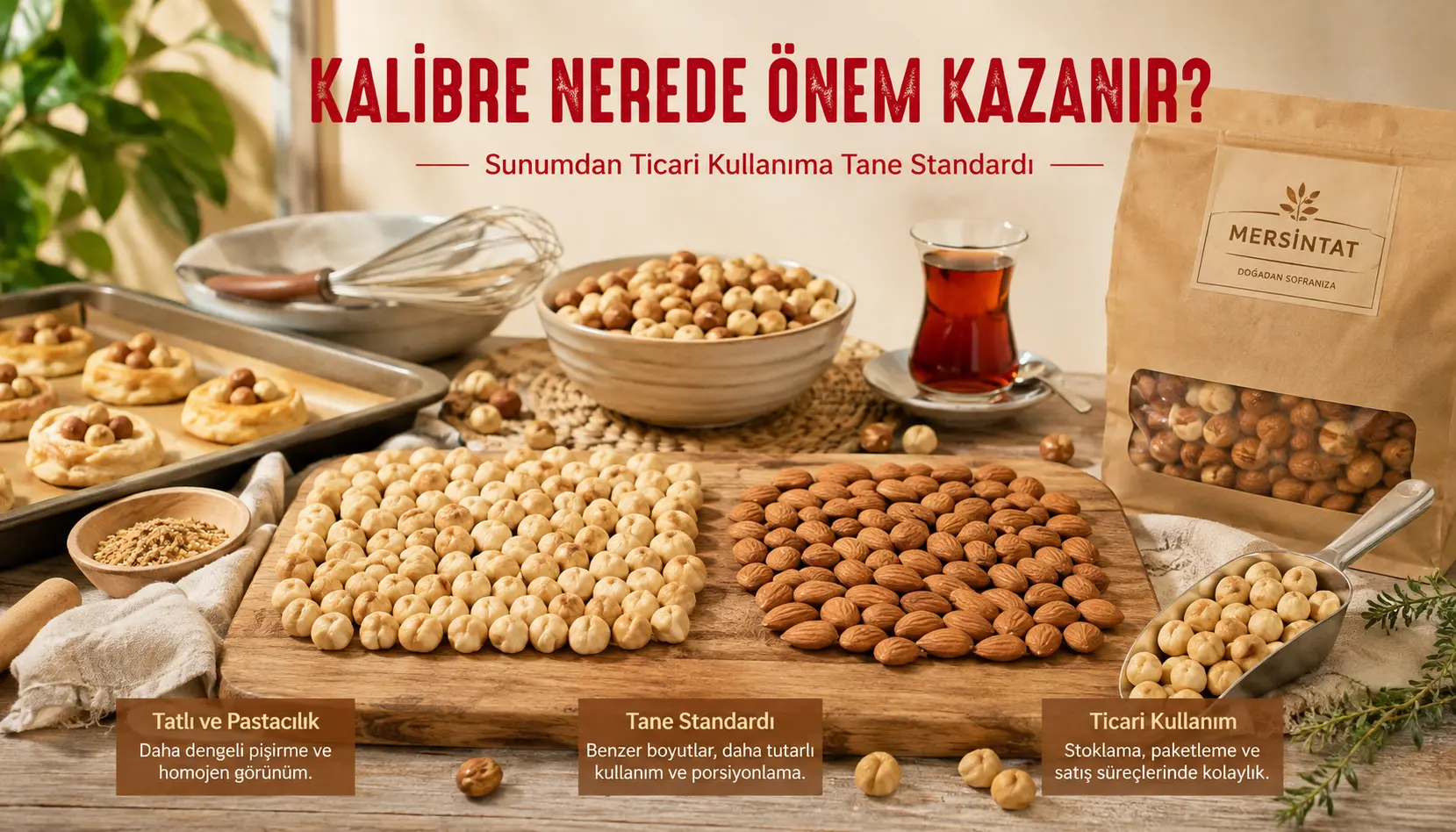 Benzer tane boyundaki kuruyemişlerin pastacılık, ikram ve paketleme kullanımında gösterimi