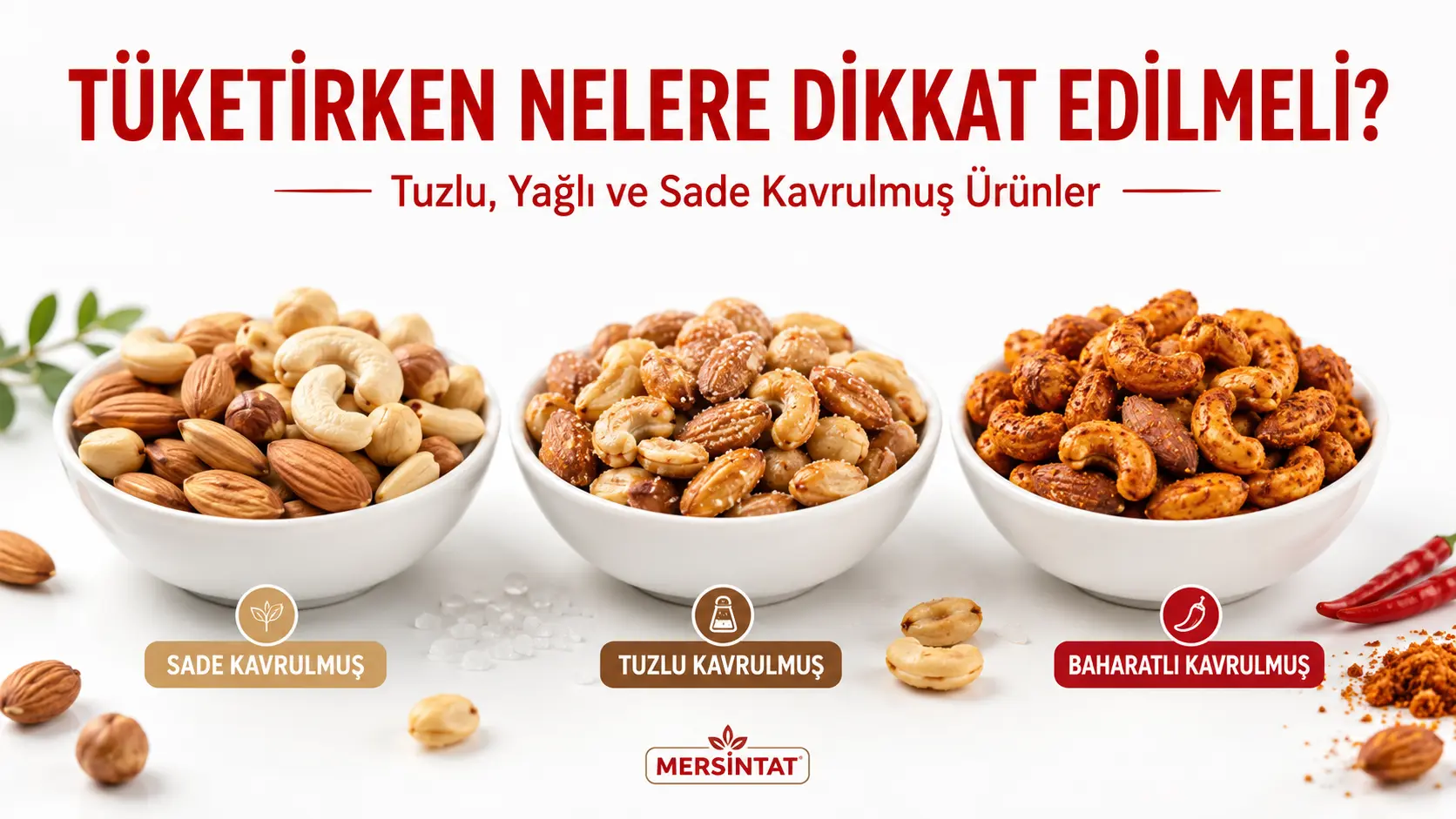 Sade, tuzlu ve çeşnili kavrulmuş kuruyemiş seçeneklerini gösteren MersinTat görseli