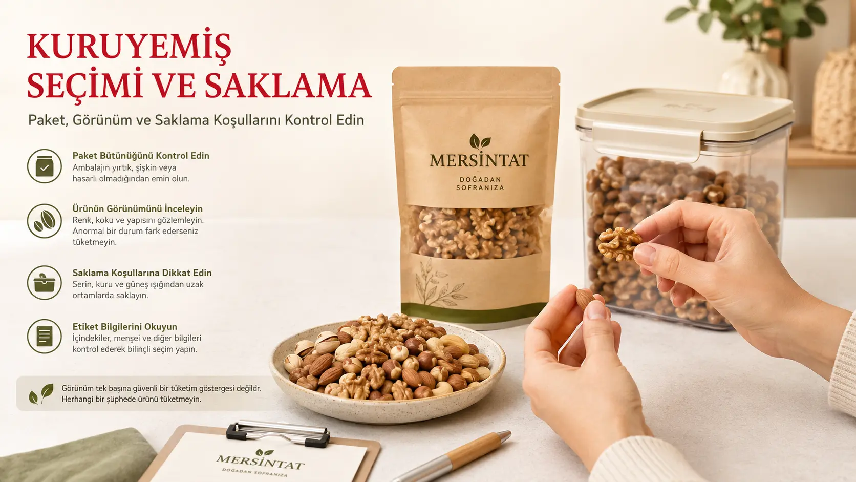 Kuruyemiş paketi, ürün görünümü ve saklama koşullarının kontrol edilmesi