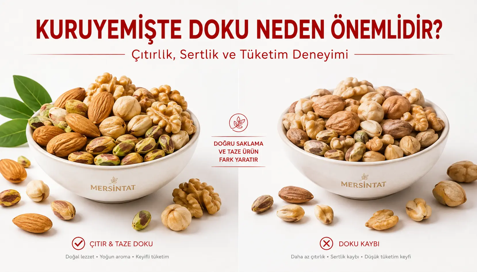 Kuruyemiş tazeliği ile çıtırlık ve doku ilişkisini gösteren MersinTat görseli