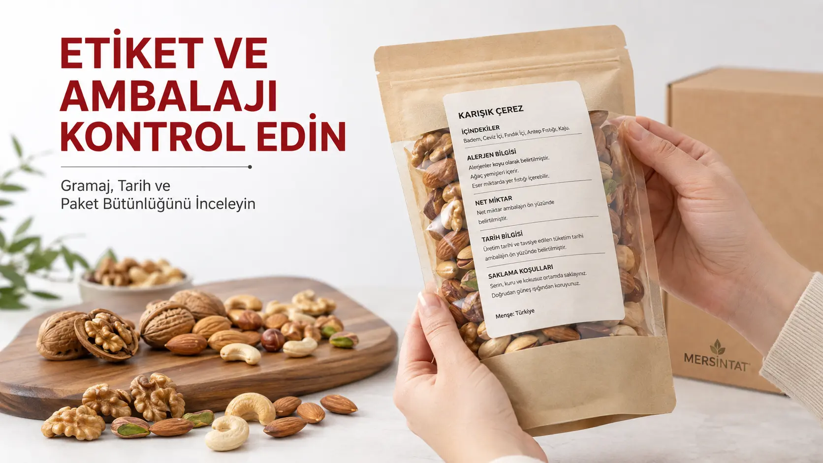 Paketli kuruyemiş ürününde etiket, gramaj, tarih bilgisi ve ambalaj kontrolü