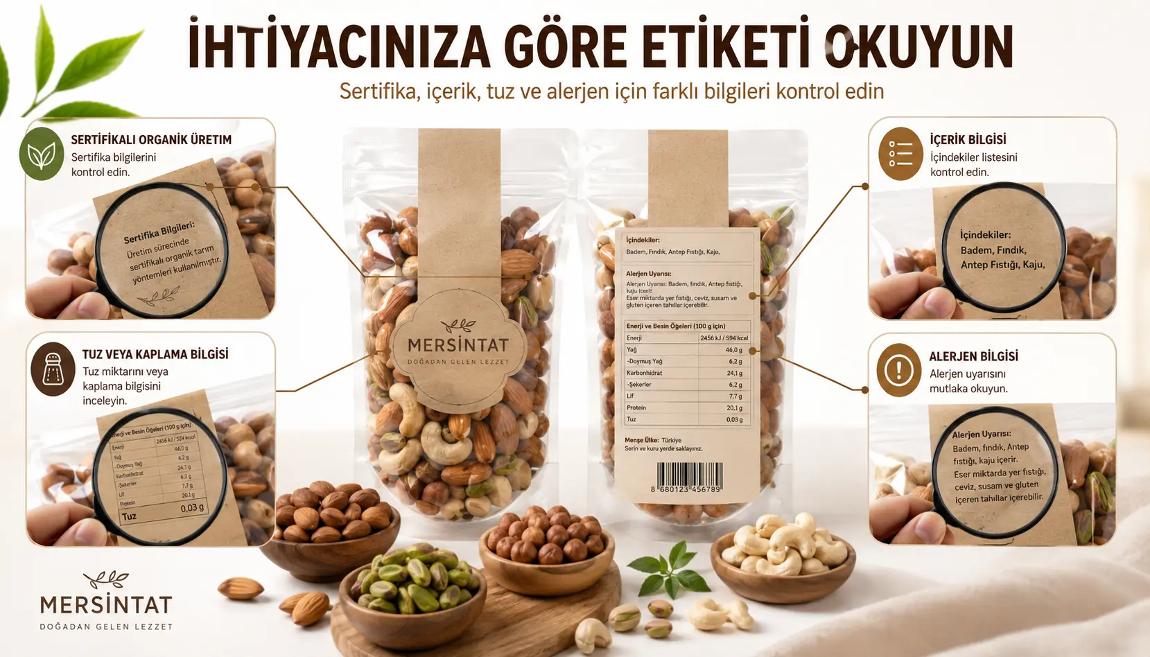 Organik sertifika, sade içerik, tuz ve alerjen kontrolü için kuruyemiş etiketi karar rehberi
