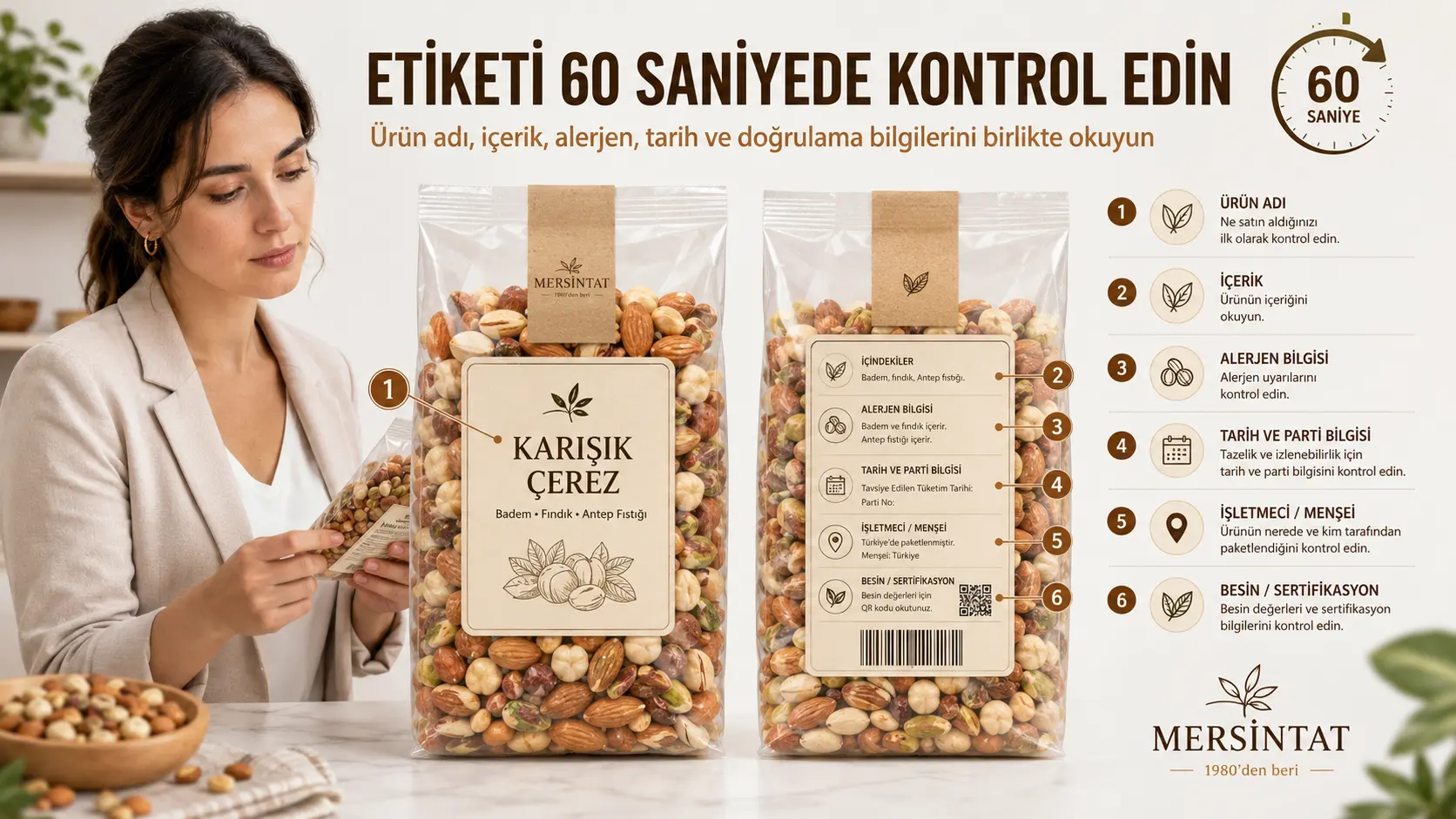Paketli kuruyemiş etiketinde ürün adı, içerik, alerjen, tarih ve diğer bilgilerin kontrolü