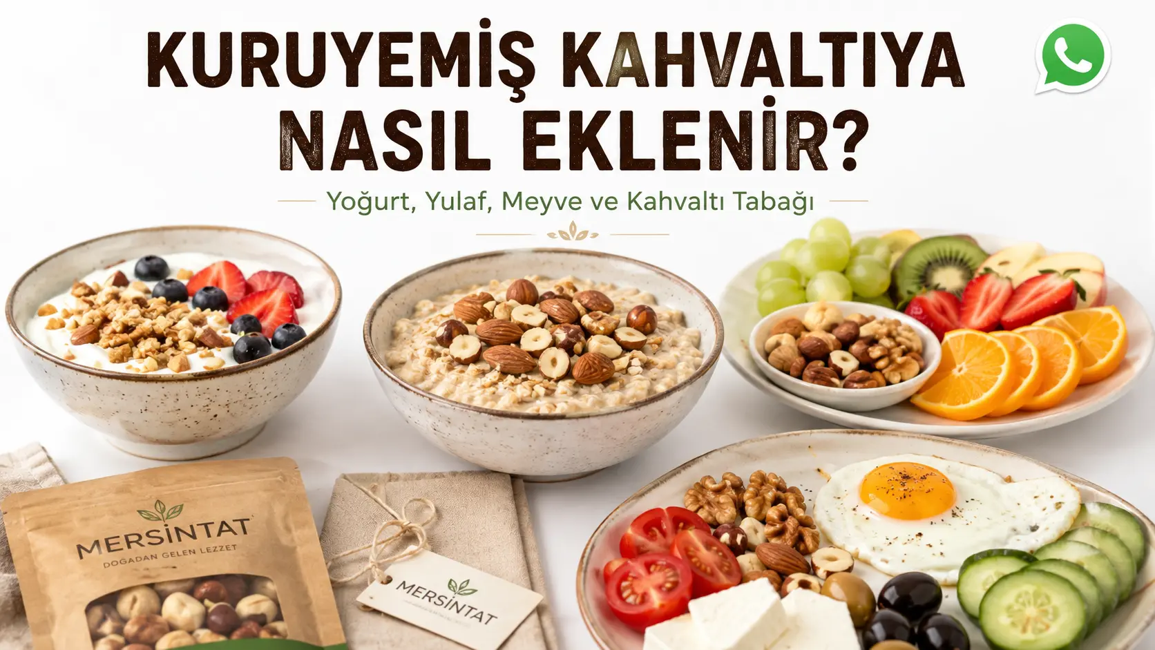 Yoğurt, yulaf, meyve ve kahvaltı tabağında farklı kuruyemiş kullanım örnekleri