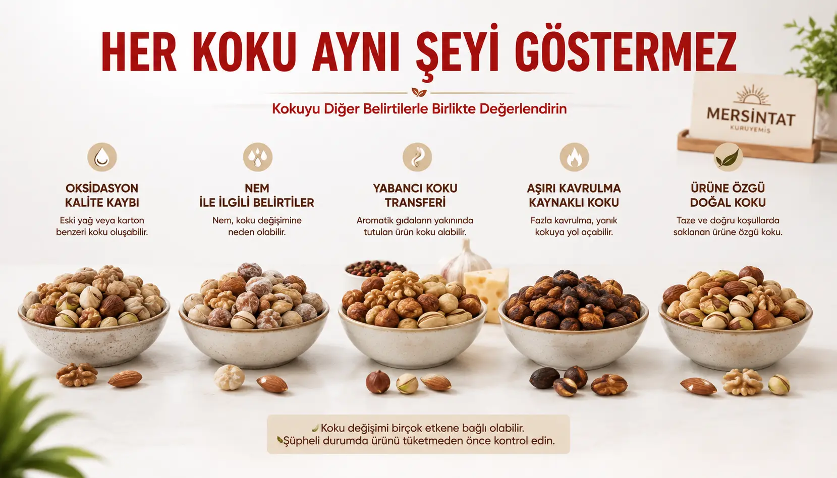 Farklı kuruyemiş kokularının olası nedenlerini karşılaştıran bilgilendirme görseli