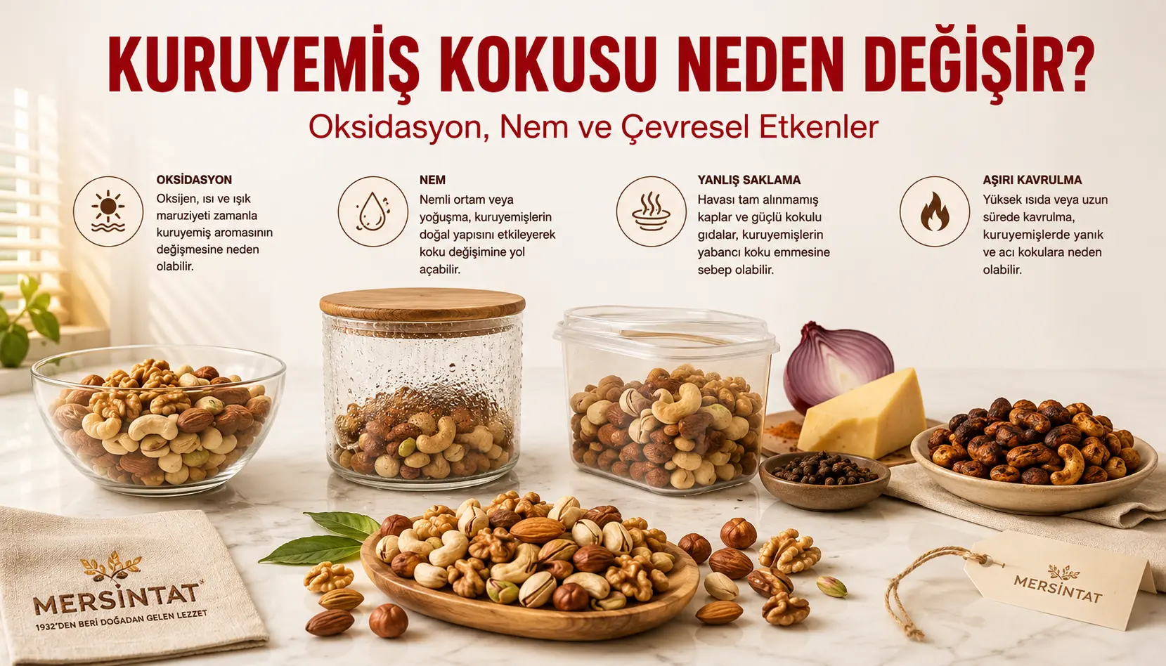 Kuruyemiş kokusunu değiştirebilen oksidasyon nem yabancı koku ve kavurma etkenleri
