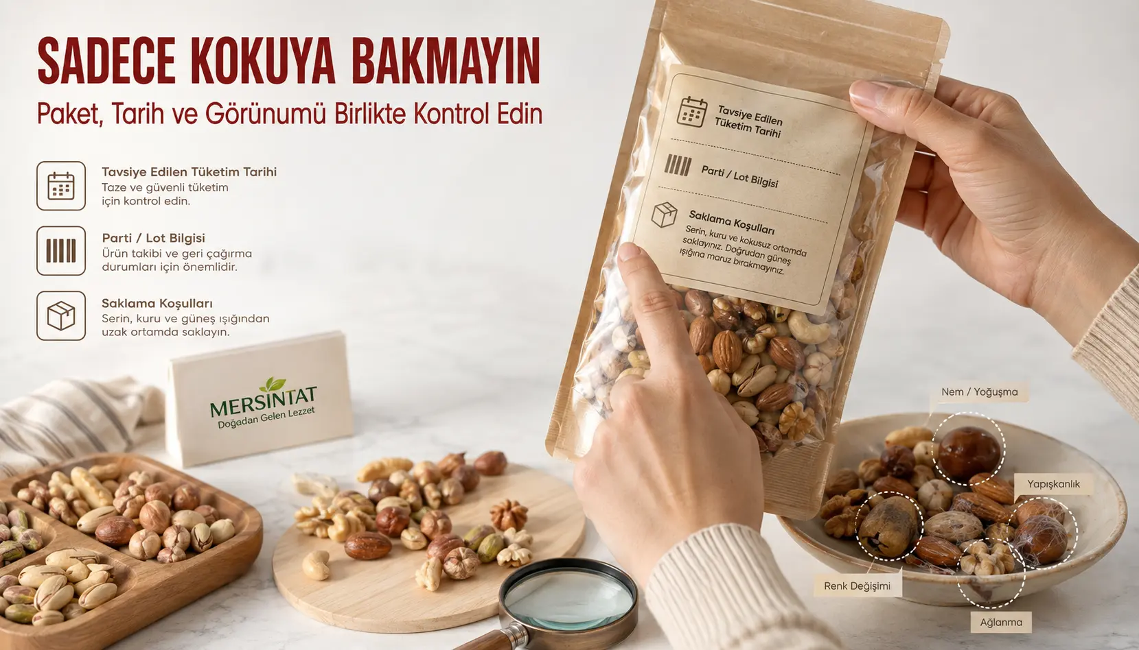 Kuruyemiş paketinde TETT lot bilgisi saklama talimatı ve ambalaj bütünlüğü kontrolü