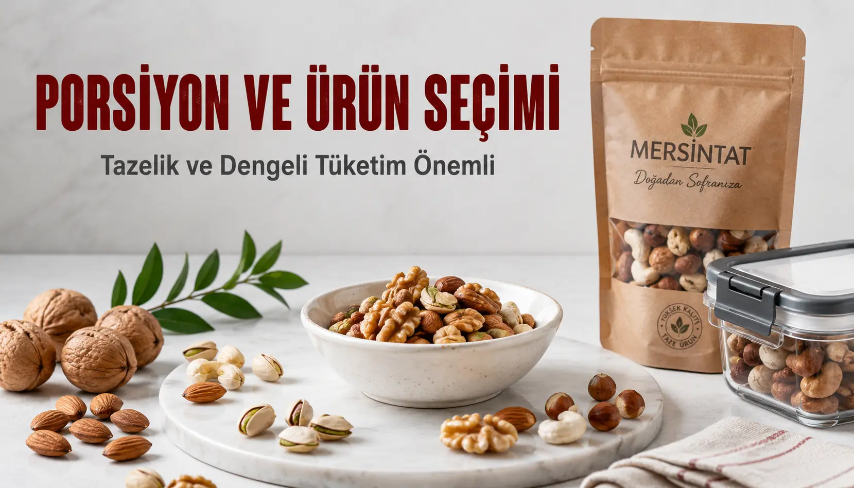 Küçük porsiyon kuruyemiş sunumu ve taze ürün seçiminin görsel anlatımı