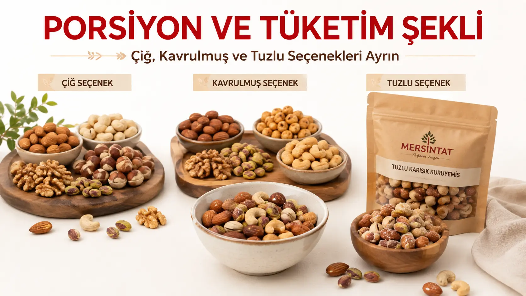 Çiğ, kavrulmuş ve tuzlu kuruyemiş seçenekleri ile porsiyon sunumu