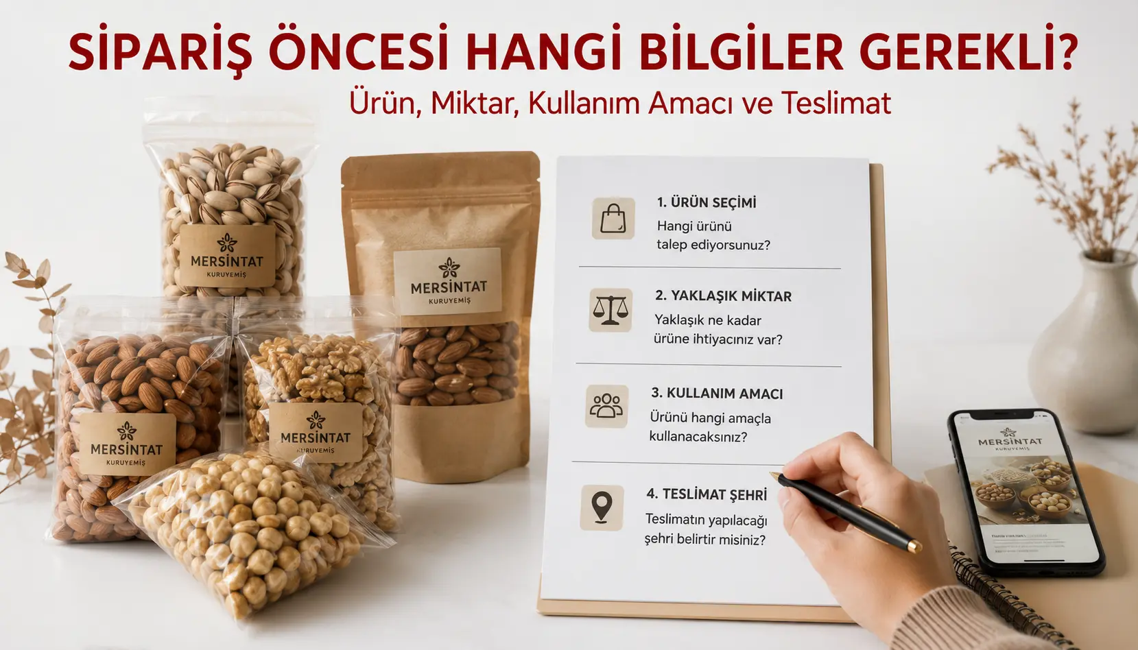 Toplu kuruyemiş siparişi öncesinde ürün, miktar, kullanım amacı ve teslimat bilgisinin planlanması
