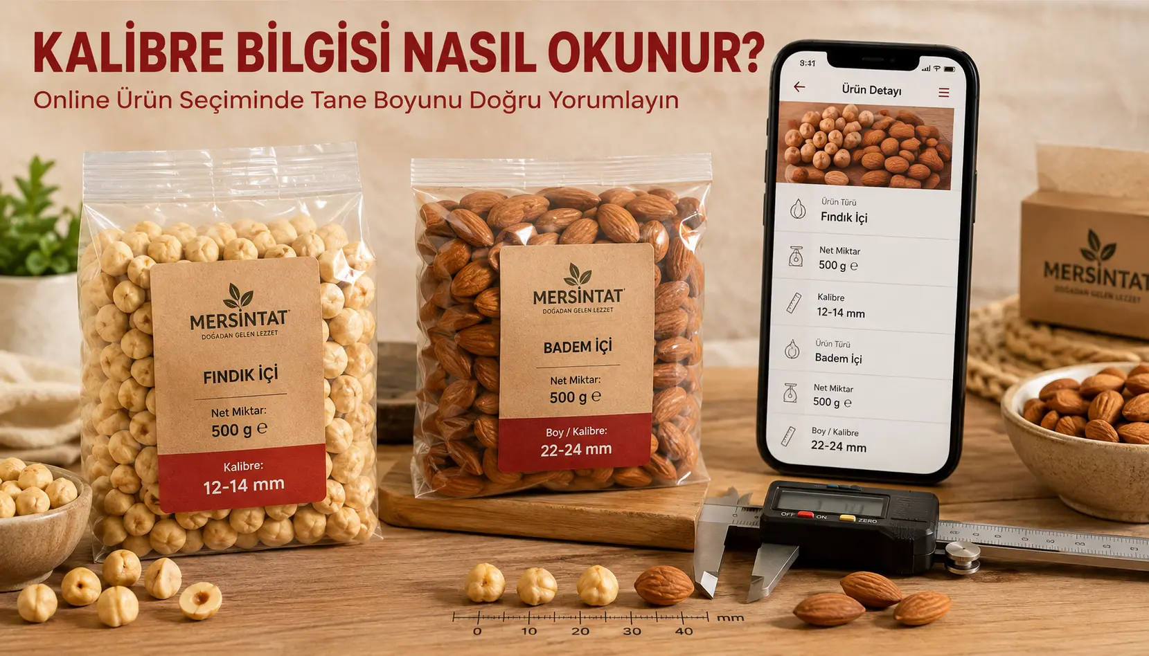 Online ürün bilgisindeki kalibre değerini paketli kuruyemiş ve tane boyuyla karşılaştıran görsel