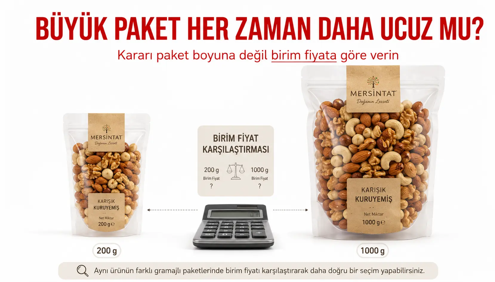 Küçük ve büyük kuruyemiş paketlerinin birim fiyat açısından karşılaştırılması