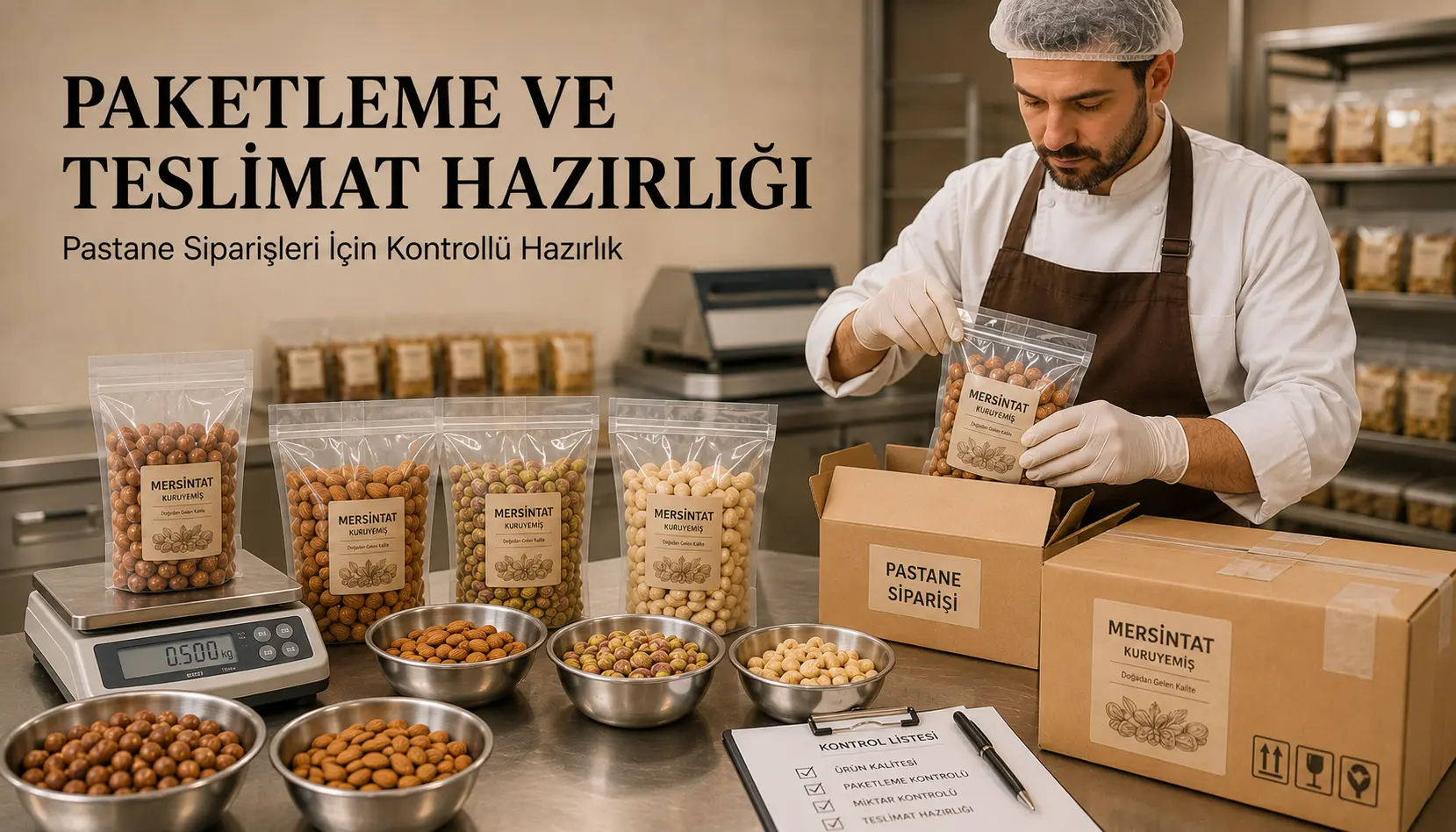 Pastane kuruyemiş siparişlerinin paketleme ve teslimat hazırlığı