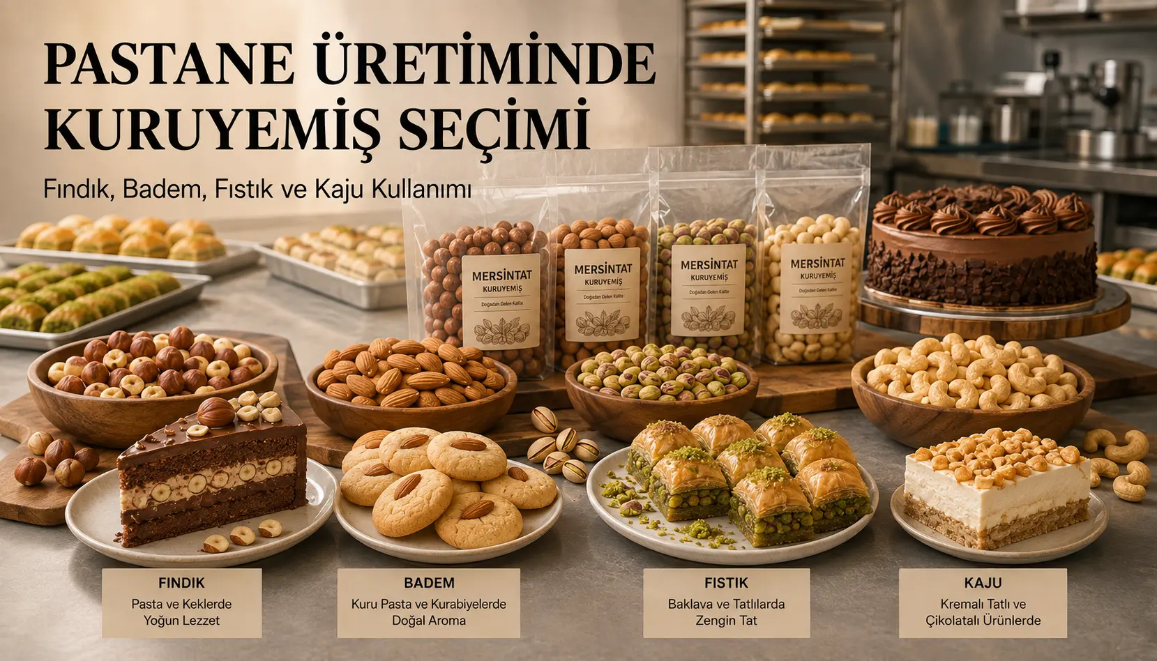 Pastane üretiminde kullanılan fındık badem fıstık ve kaju çeşitleri
