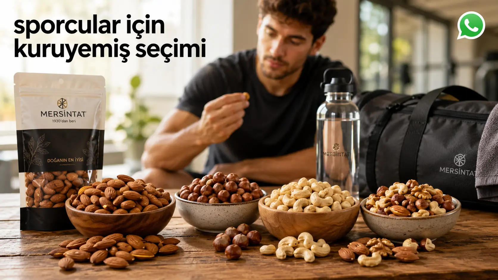 Spor yapan bir kullanıcının farklı kuruyemiş seçeneklerini incelediği görsel