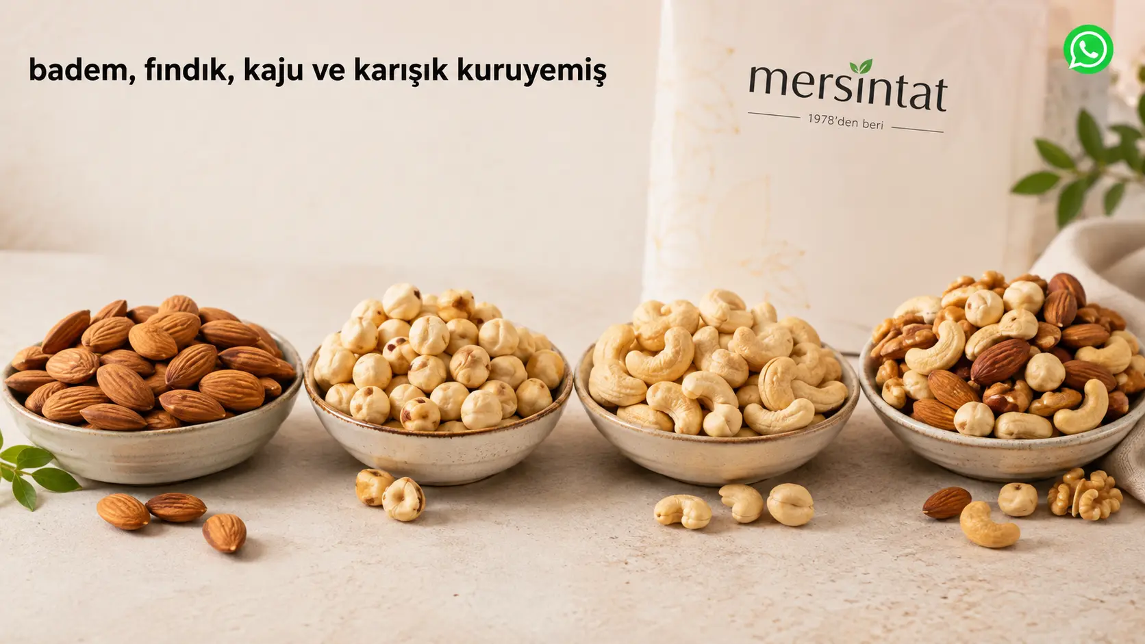 Badem, fındık, kaju ve karışık kuruyemişin karşılaştırmalı olarak gösterildiği görsel