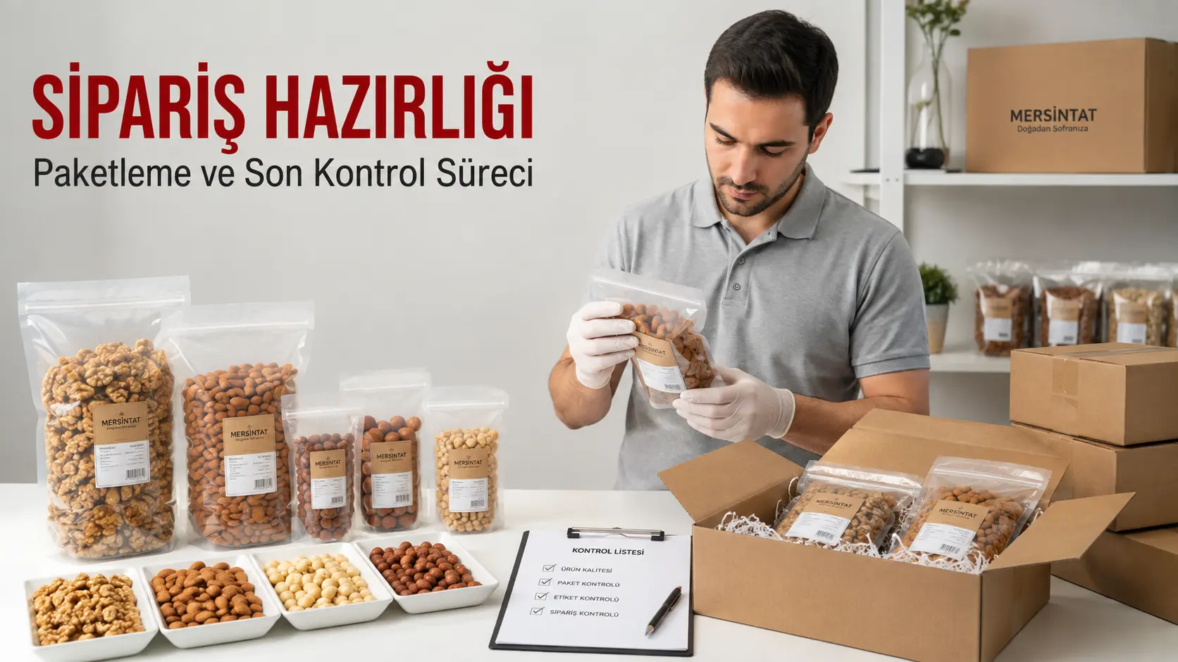 İşletme siparişleri için kuruyemiş paketleme ve son kontrol süreci