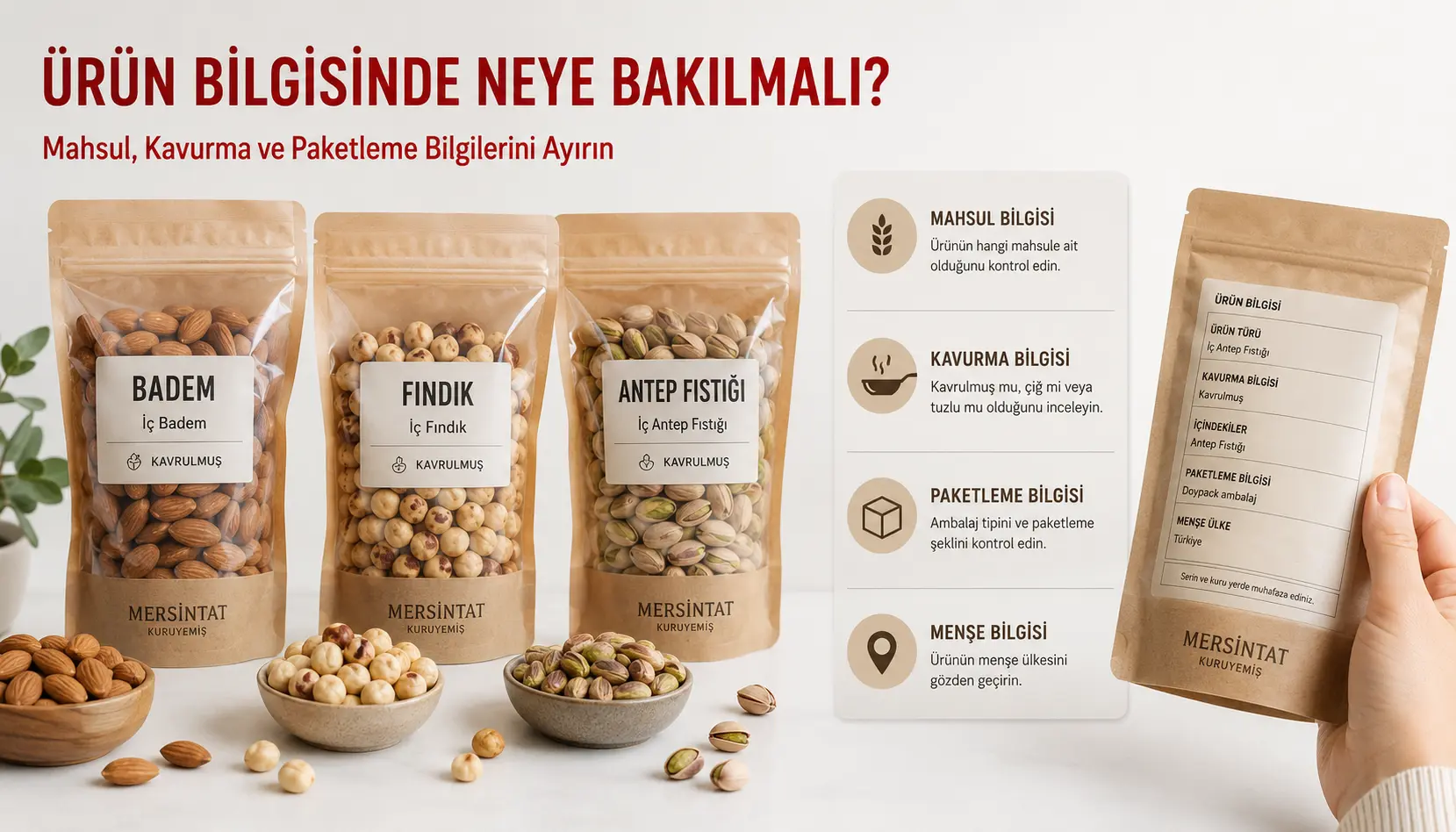 Kuruyemiş paketindeki mahsul, kavurma ve paketleme bilgilerini inceleyen tüketici