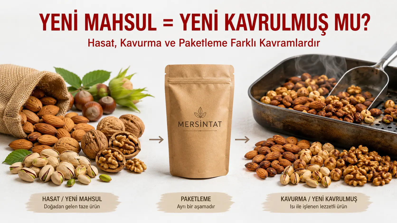 Yeni mahsul ve yeni kavrulmuş kuruyemiş arasındaki farkı gösteren karşılaştırma