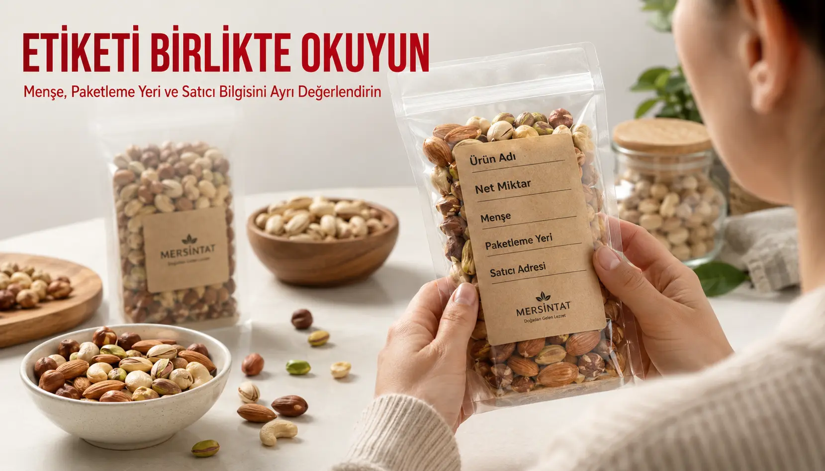 Kuruyemiş paketinde menşe, paketleme yeri ve satıcı bilgilerini birlikte kontrol eden tüketici
